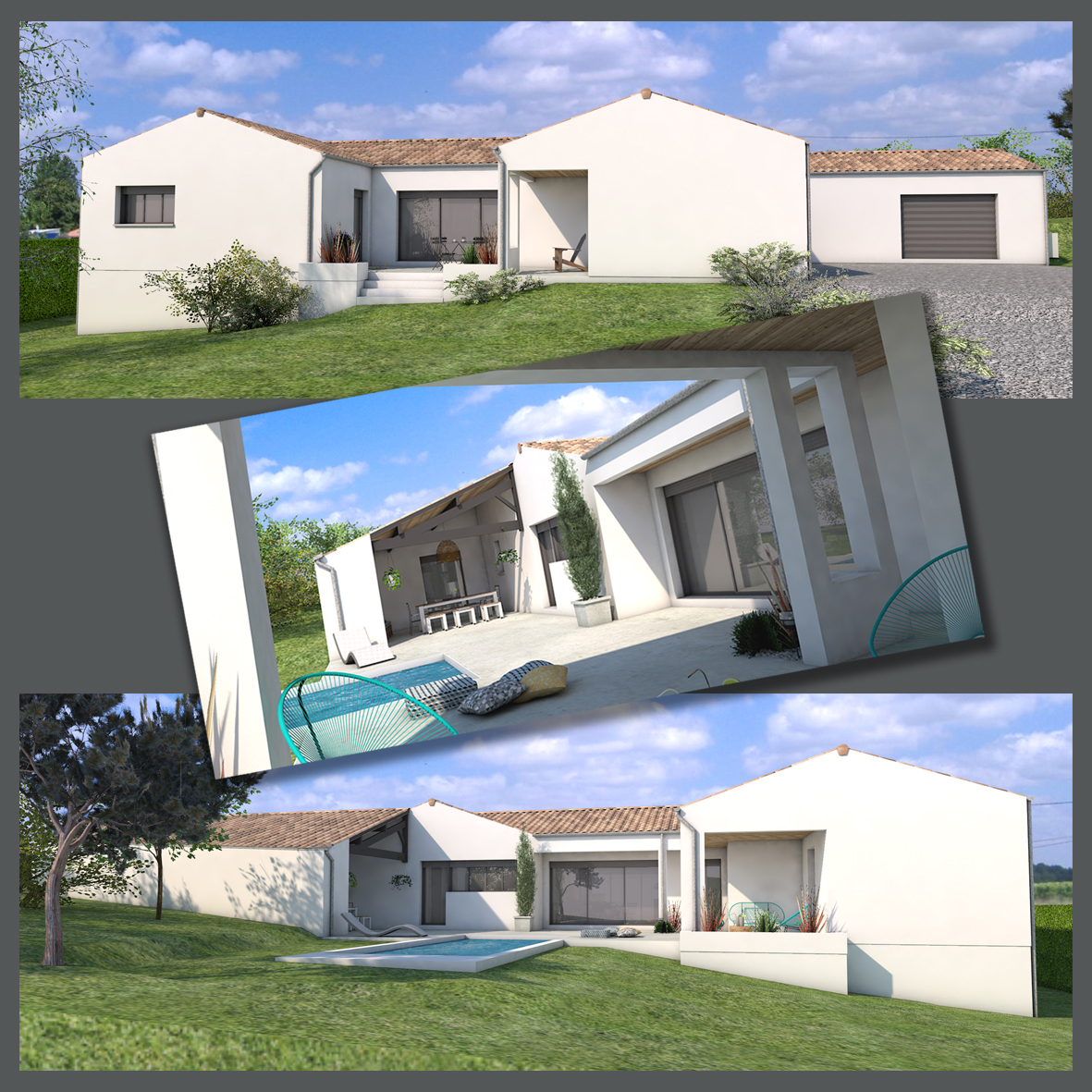 Maison Familiale moderne 145 m²,maison 4 Chambres + garage, Plan en H, perspectives, visuels 3D